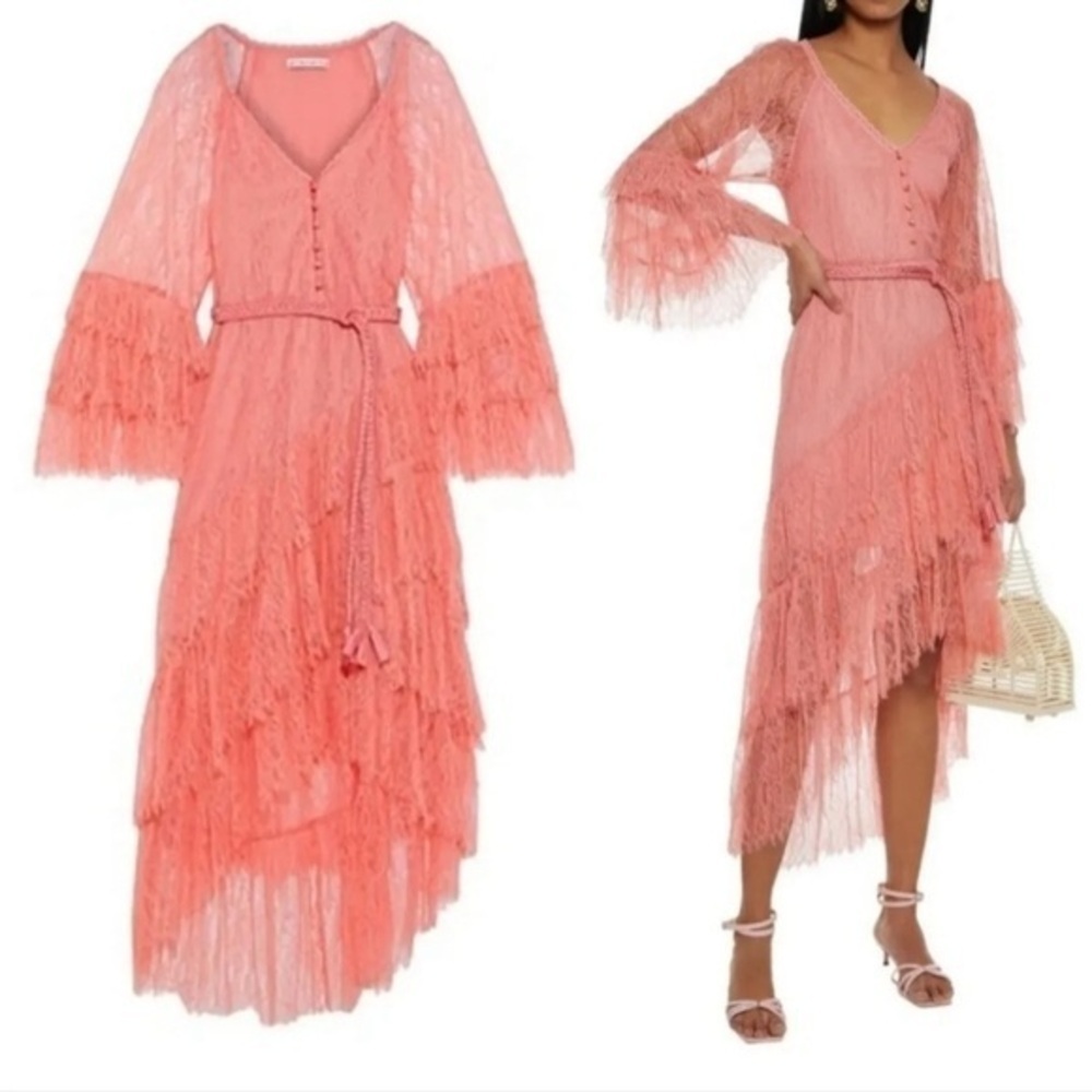 Alice + Olivia Pink Lace Tiered Asymmetrical Onica High-Low Ruffle Dress